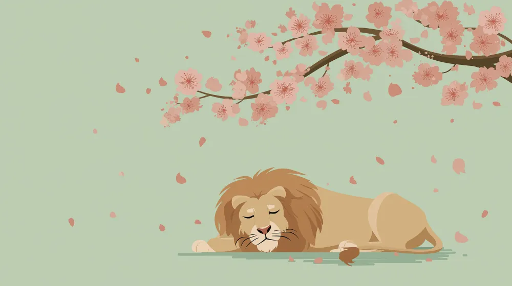 Papel de parede crianç | Leão tranquilo sob as cerejeiras em flor