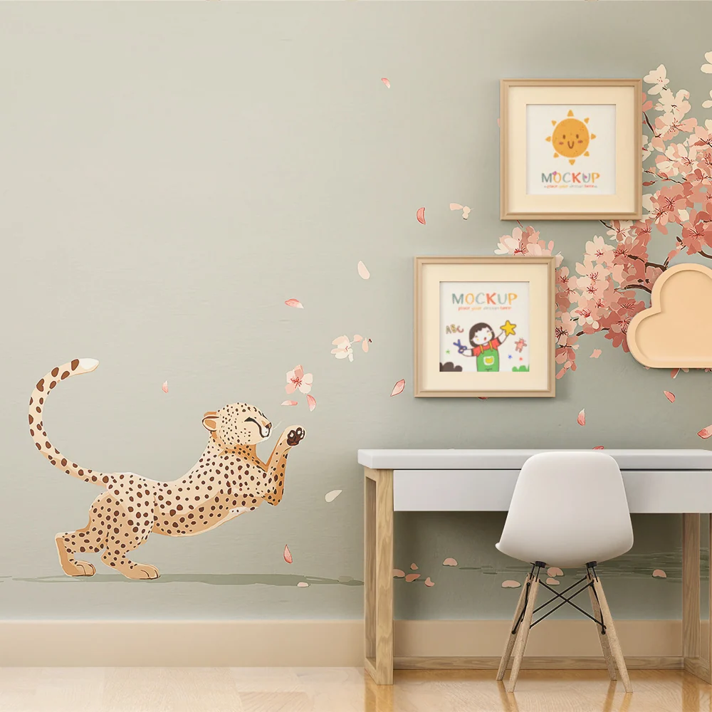 Papel de parede crianç | Leopardo brincar debaixo de uma cerejeira em flor