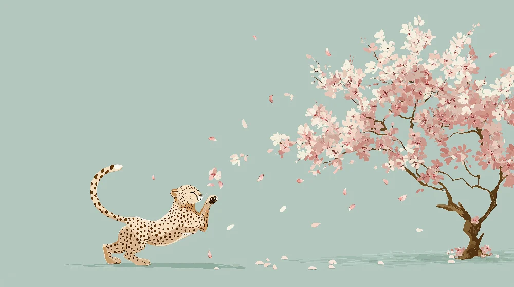 Papel de parede crianç | Leopardo brincar debaixo de uma cerejeira em flor
