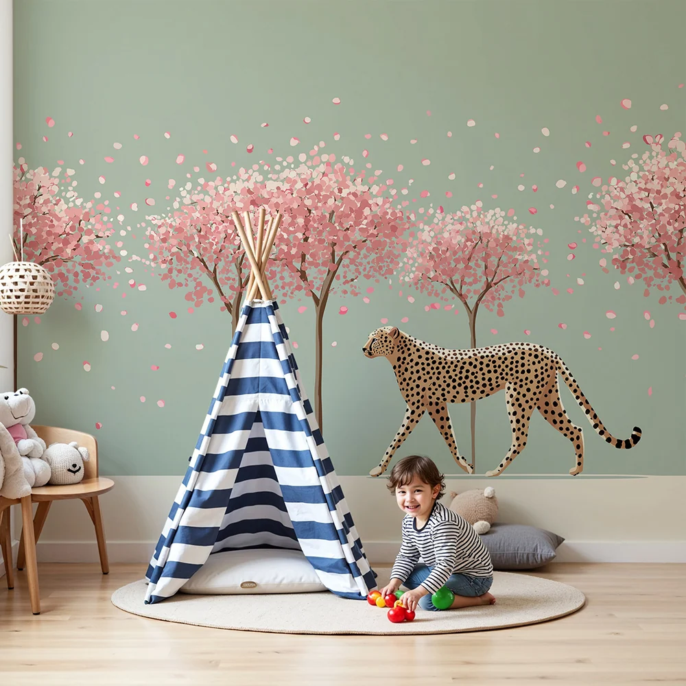 Papel de parede crianç | Leopardo elegante sob cerejeiras em flor