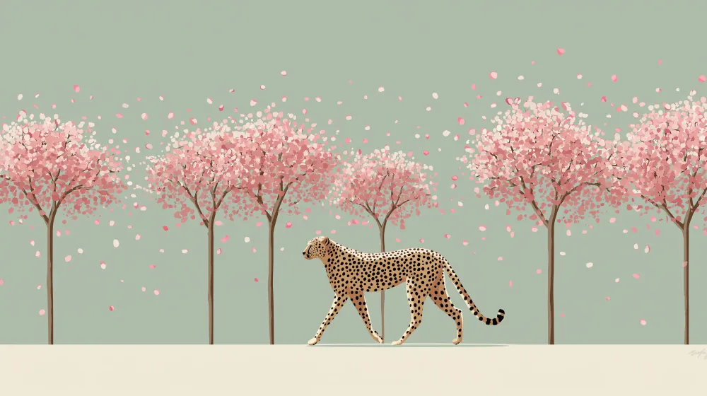 Papel de parede crianç | Leopardo elegante sob cerejeiras em flor