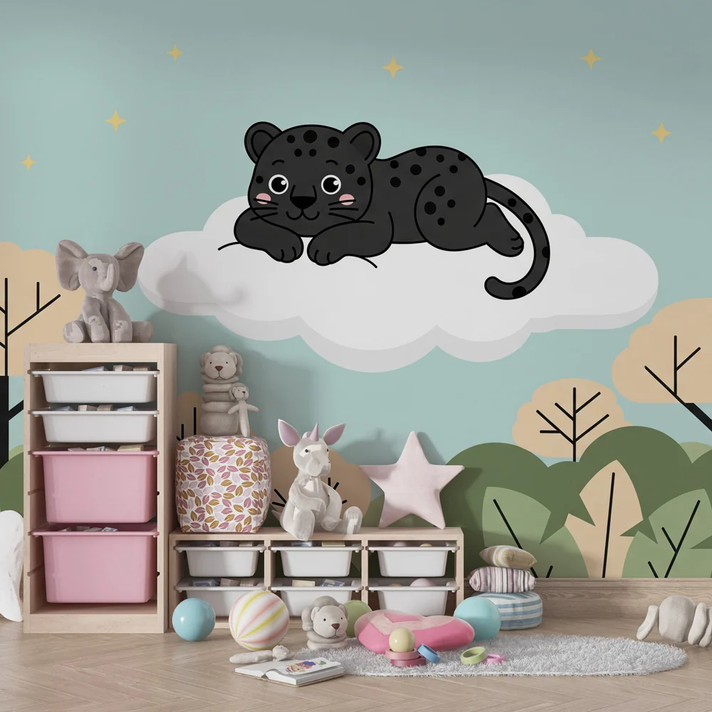 Papel de parede crianç | Leopardo fofo numa nuvem