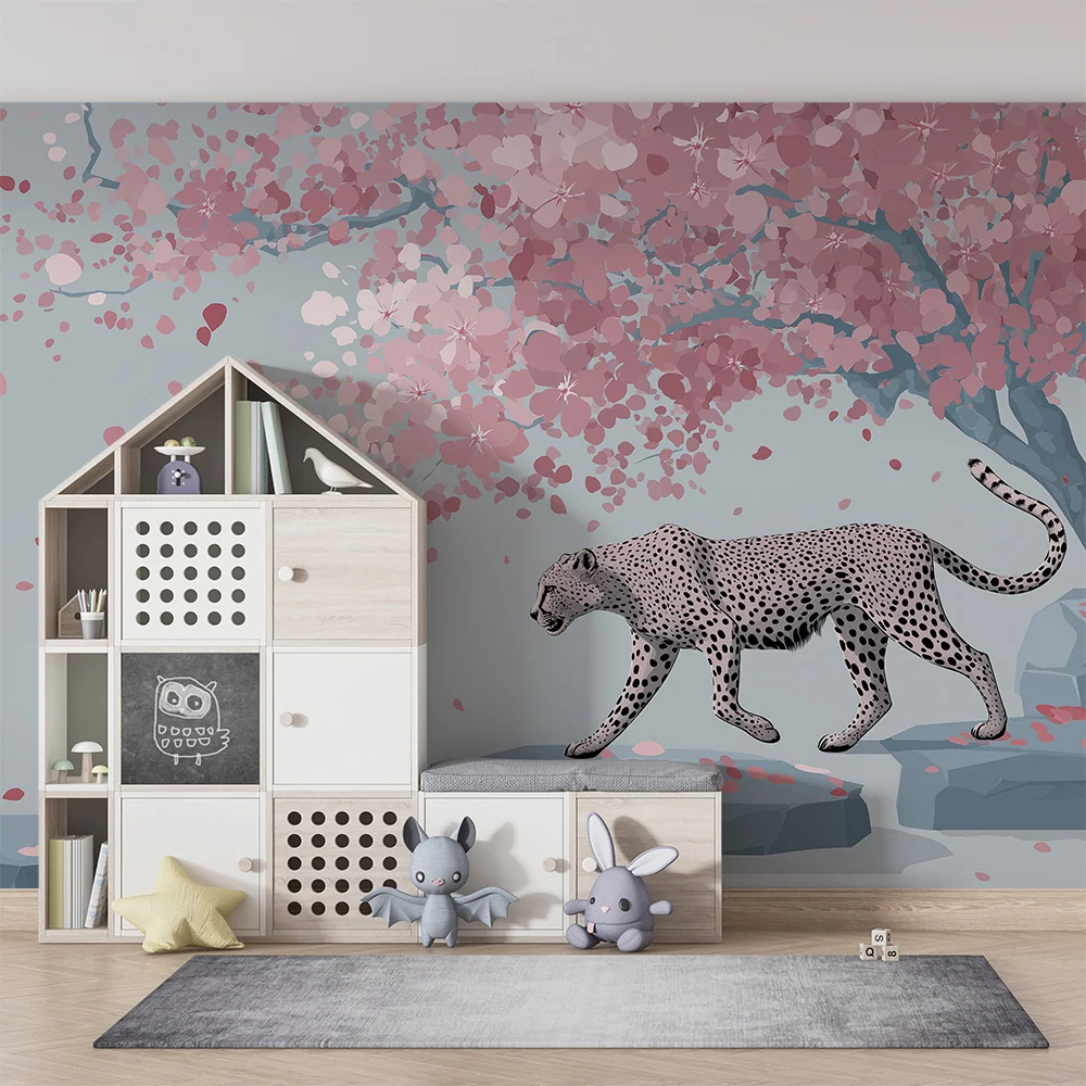 Papel de parede crianç | Leopardo fofo sob uma cerejeira em flor