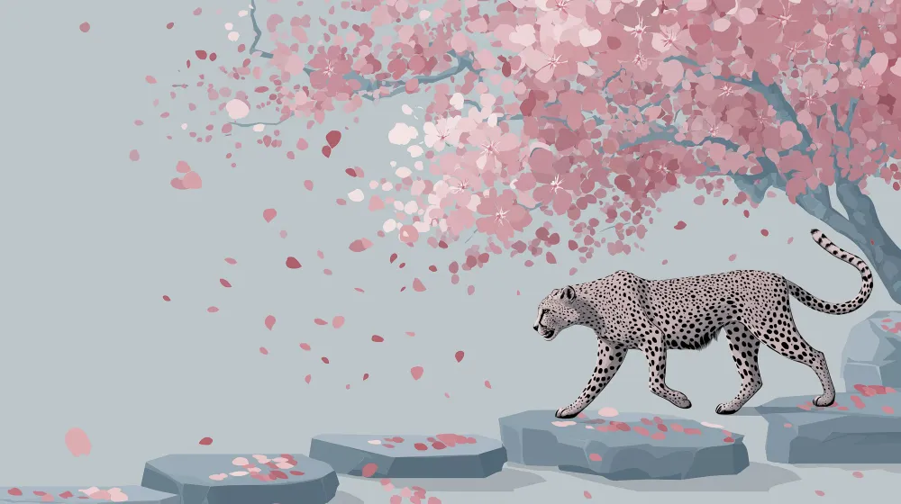 Papel de parede crianç | Leopardo fofo sob uma cerejeira em flor
