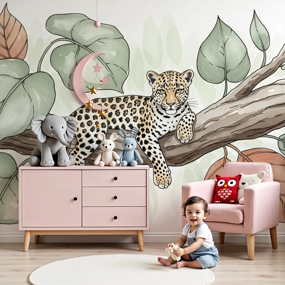 Papel de parede crianç | Leopardo em um galho folhagem terracota e verde