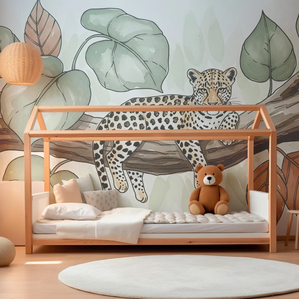 Papel de parede crianç | Leopardo em um galho folhagem terracota e verde
