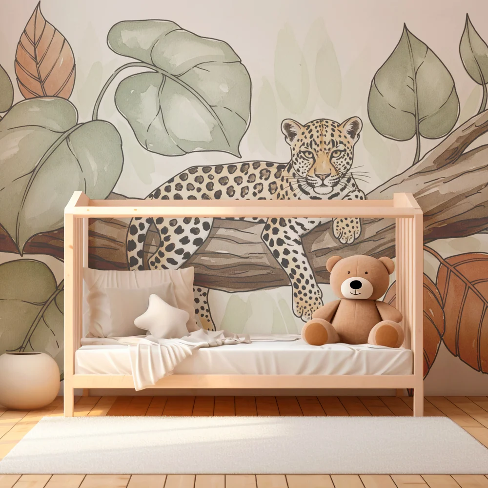 Papel de parede crianç | Leopardo em um galho folhagem terracota e verde
