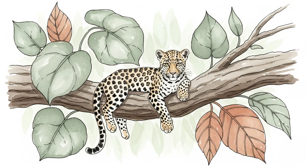 Papel de parede crianç | Leopardo em um galho folhagem terracota e verde
