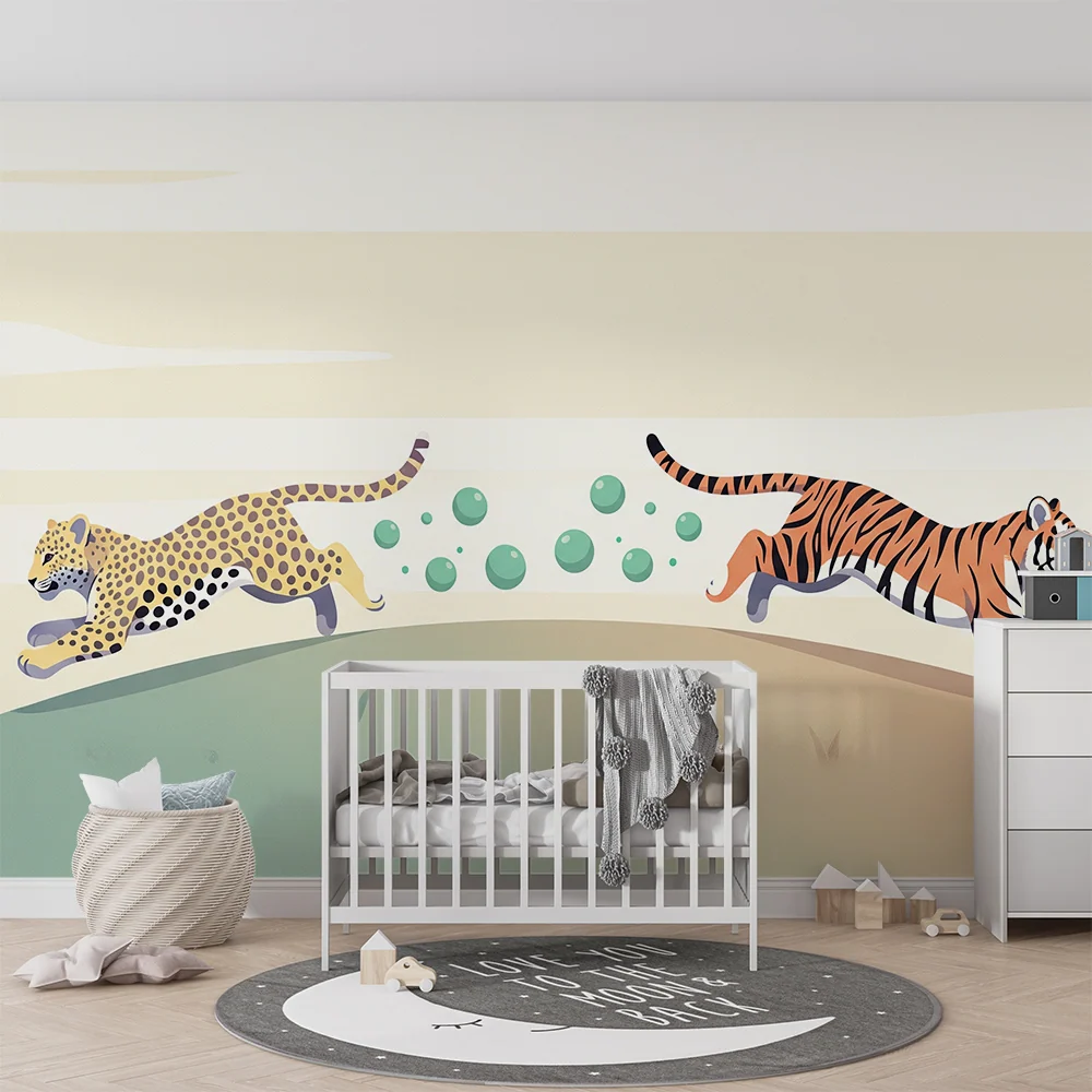 Papel de parede crianç | Leopardo e tigre em plena corrida com bolhas coloridas