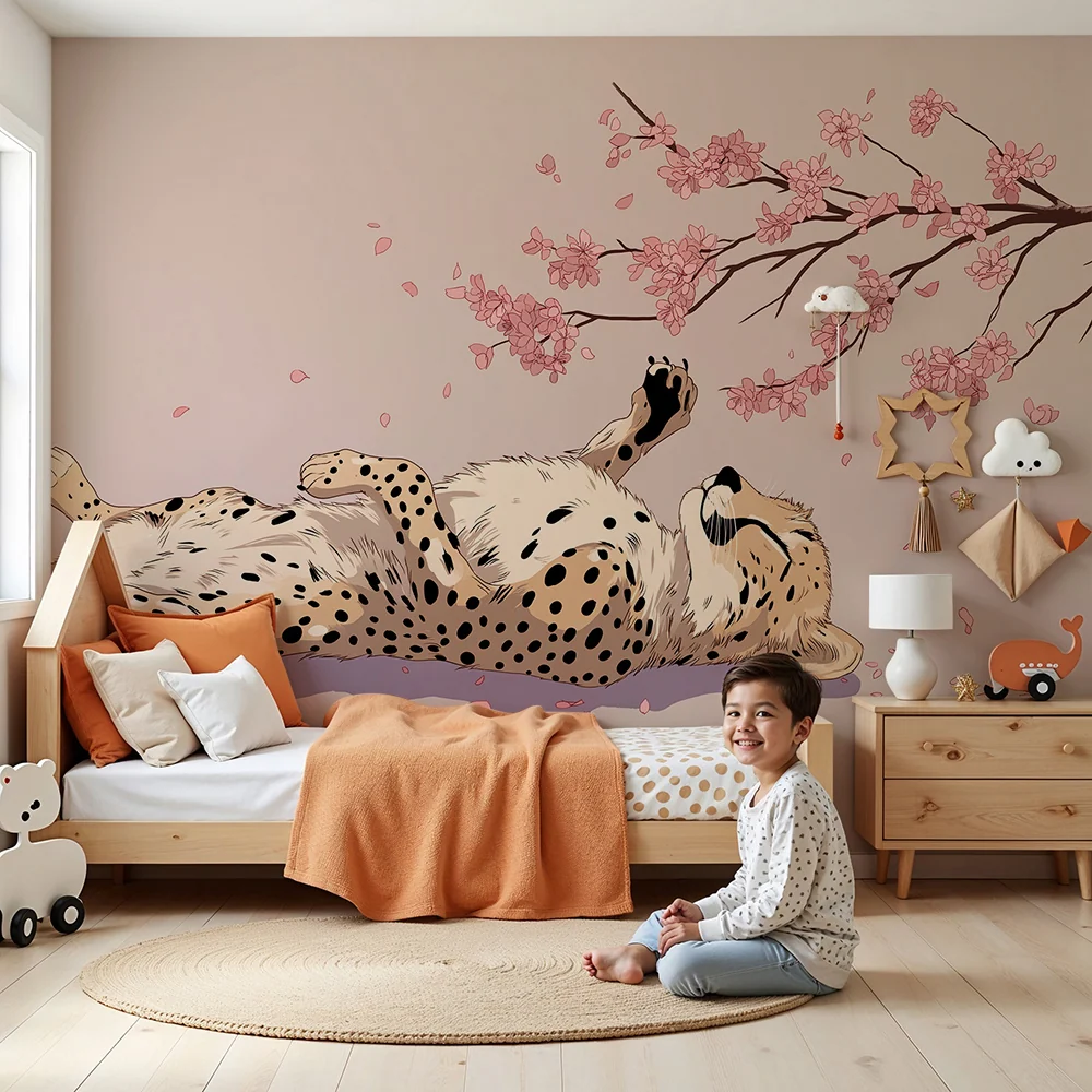 Papel de parede crianç | Leopardo tranquilo sob as flores de cerejeira