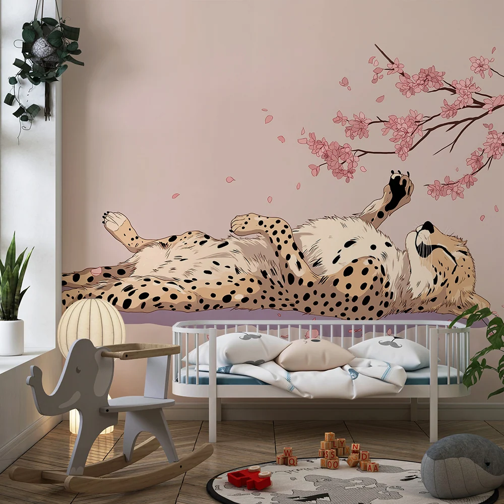 Papel de parede crianç | Leopardo tranquilo sob as flores de cerejeira