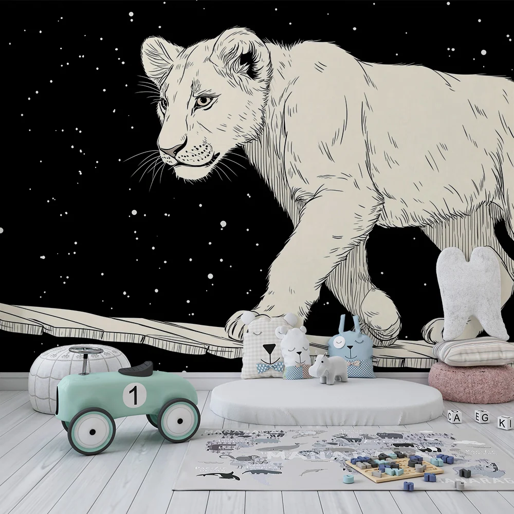 Papel de parede crianç | Leãozinho explorador no espaço estrelado