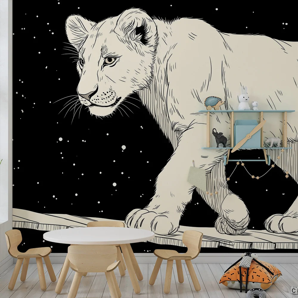 Papel de parede crianç | Leãozinho explorador no espaço estrelado