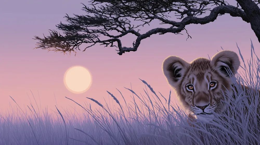 Papel de parede crianç | Leãozinho na savana ao pôr do sol