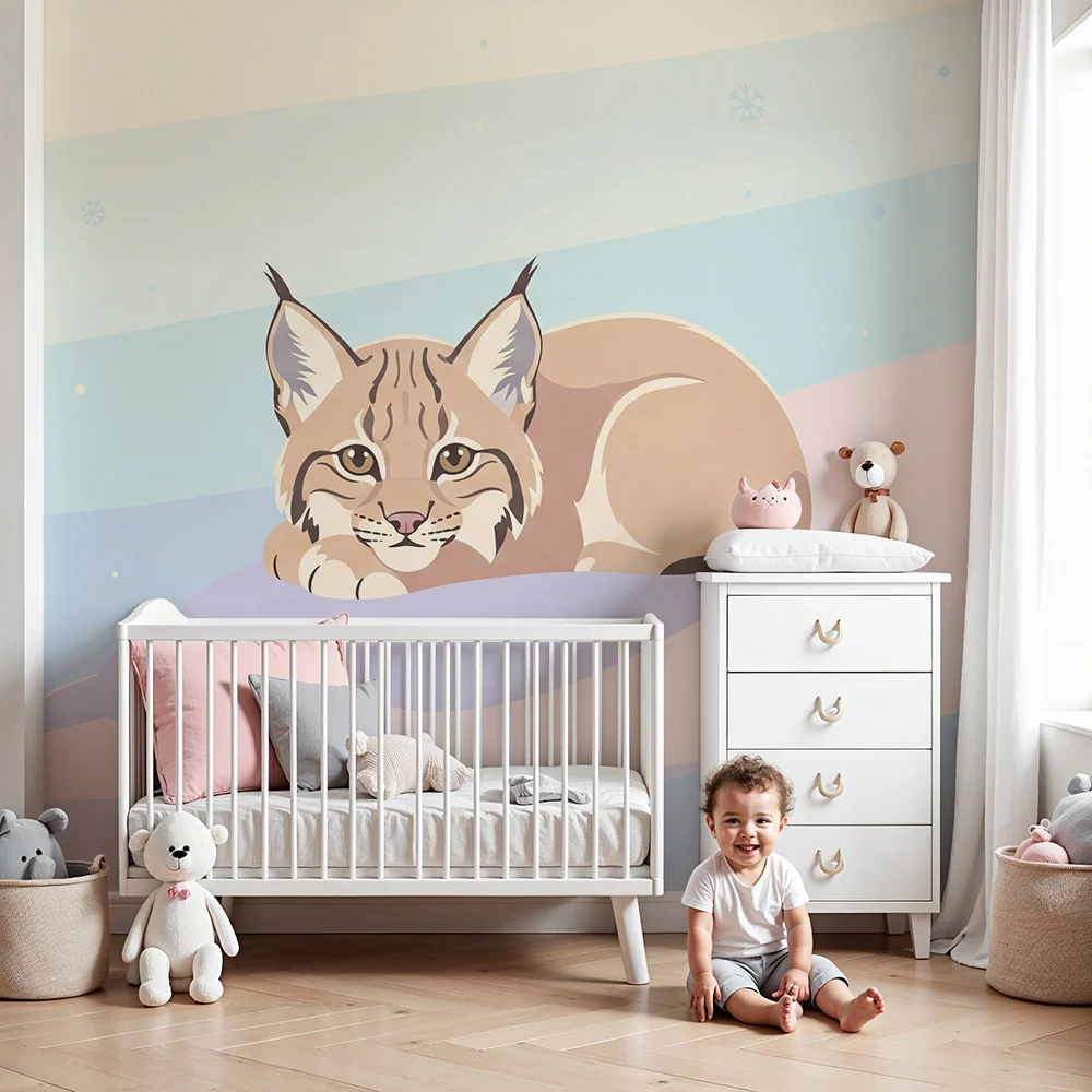 Papel de parede crianç | Lince tranquilo num fundo pastel