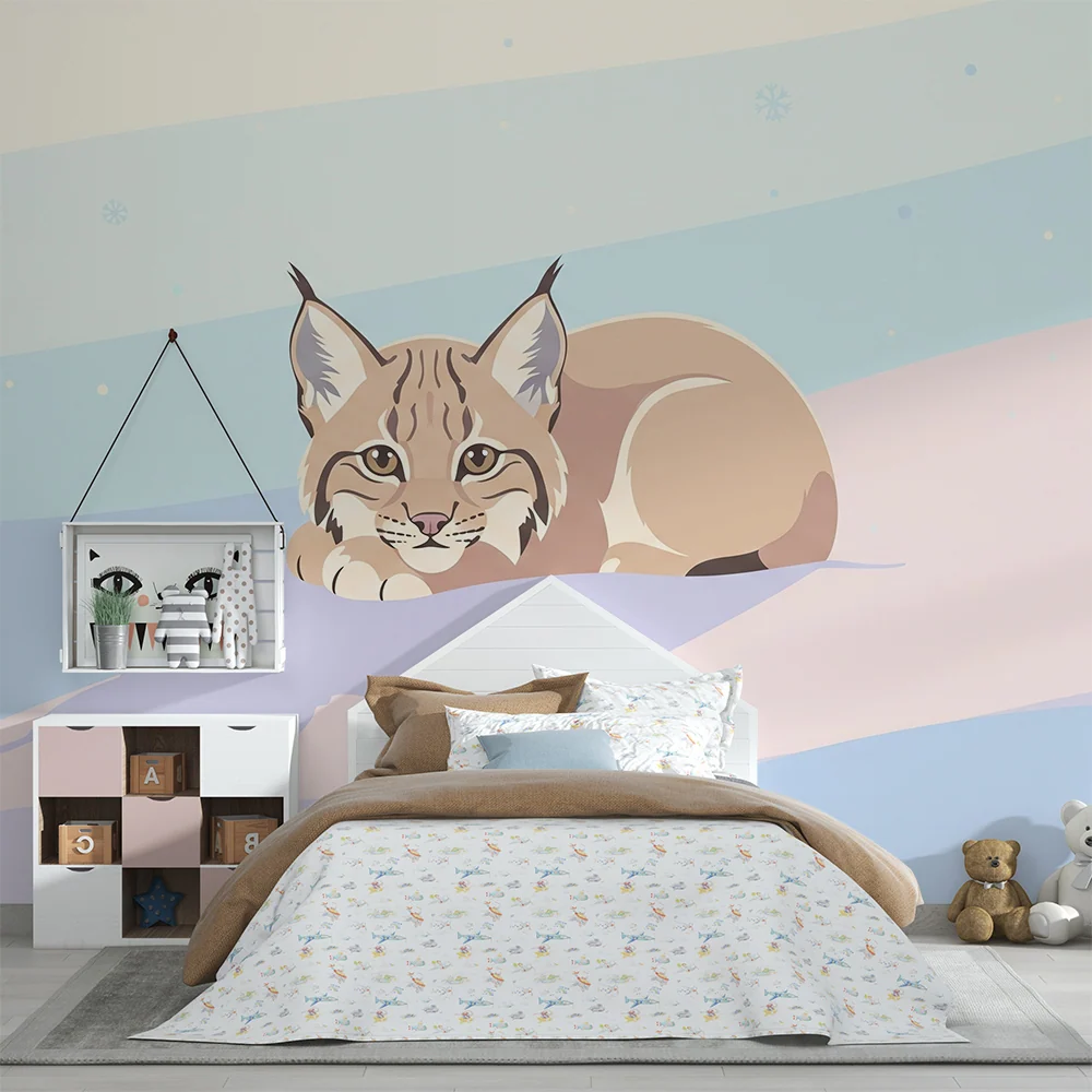 Papel de parede crianç | Lince tranquilo num fundo pastel