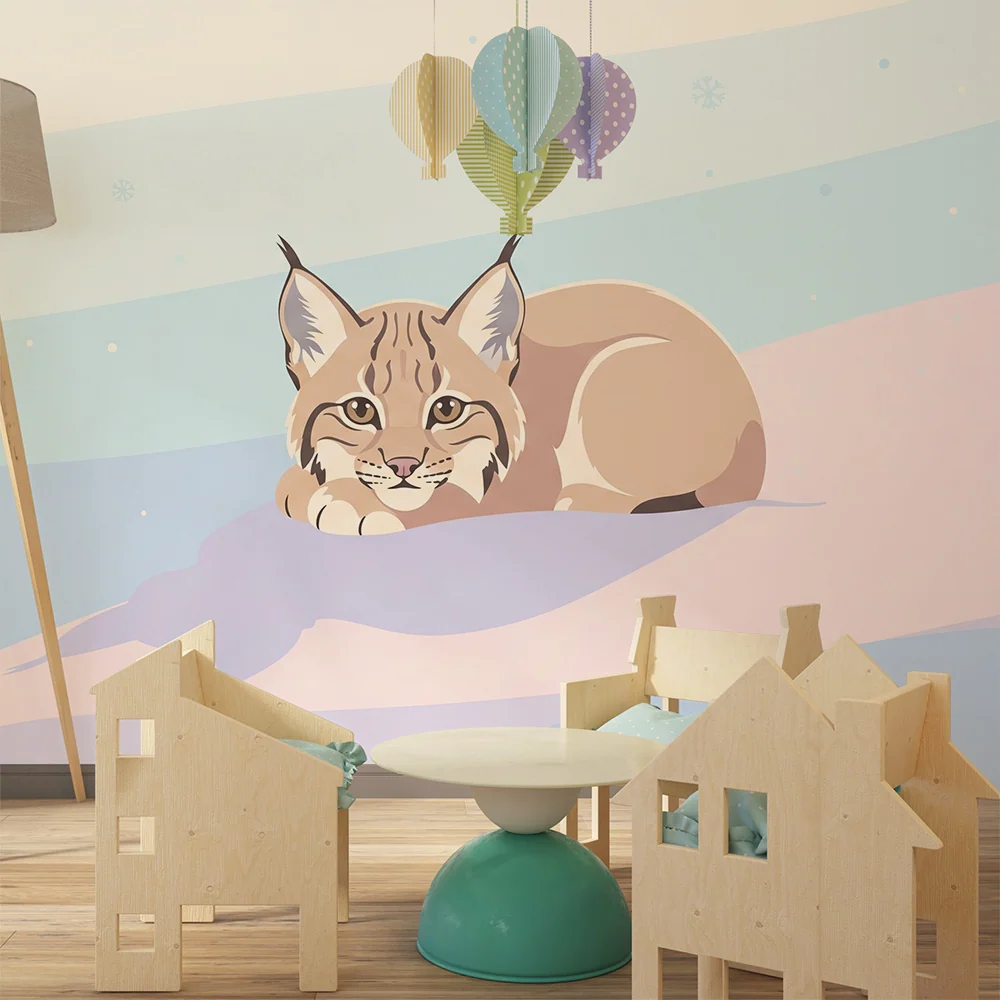 Papel de parede crianç | Lince tranquilo num fundo pastel