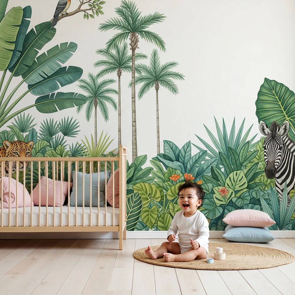 Papel de parede crianç | Linda selva com leopardo e zebra