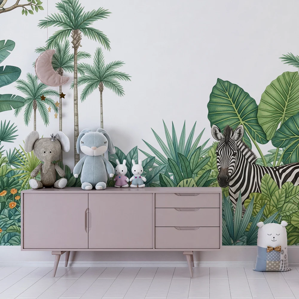 Papel de parede crianç | Linda selva com leopardo e zebra
