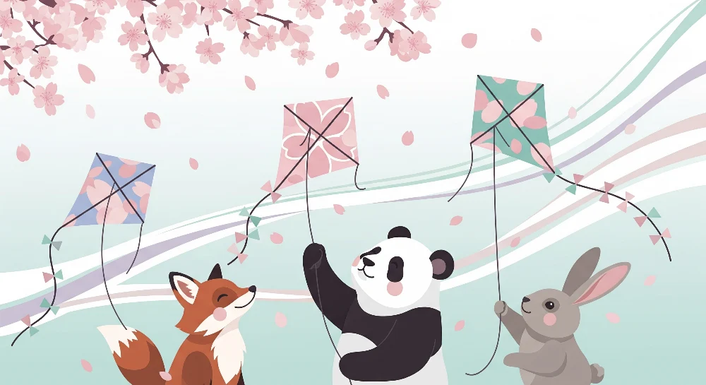 Papel de parede crianç | Lindos animais voadores com papagaios sob cerejeiras em flor