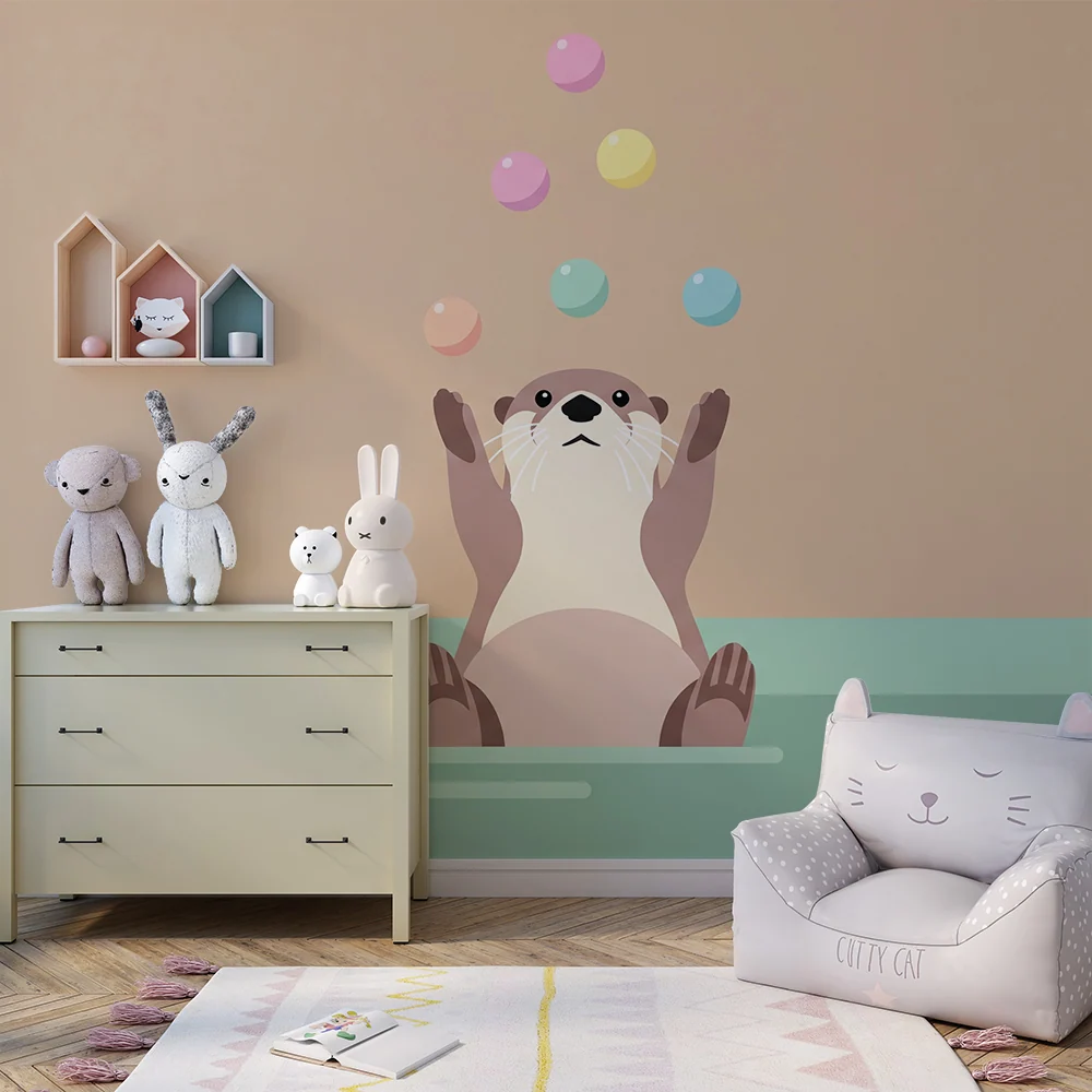 Papel de parede crianç | Lontra divertida malabarista com bolhas coloridas
