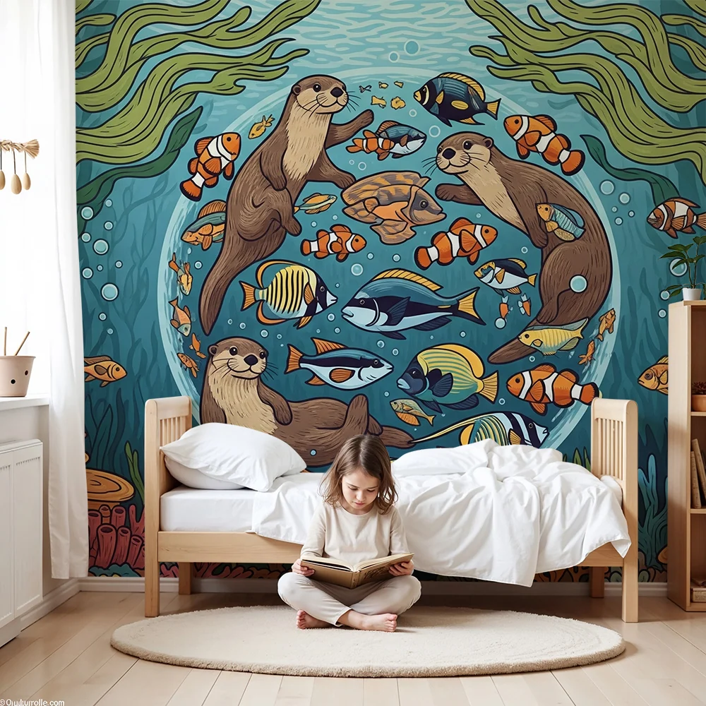 Papel de parede crianç | Lontras felizes e peixes coloridos em um mundo subaquático