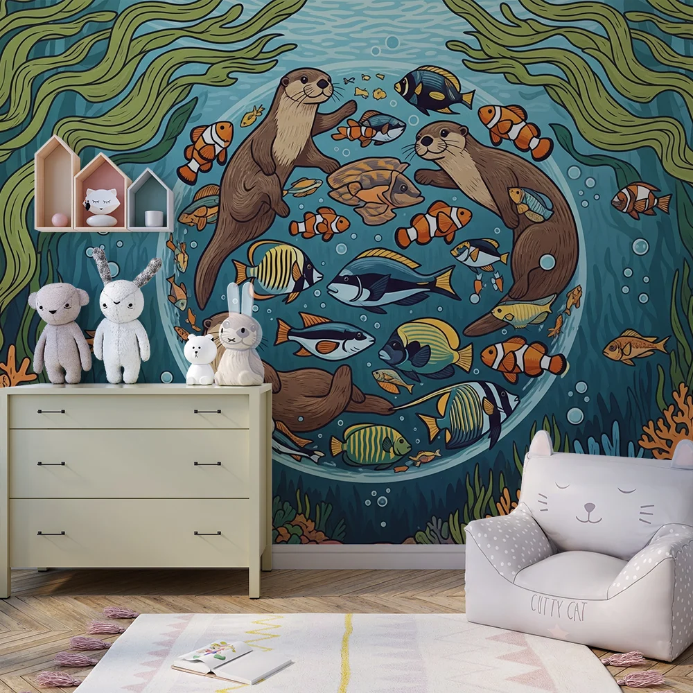 Papel de parede crianç | Lontras felizes e peixes coloridos em um mundo subaquático