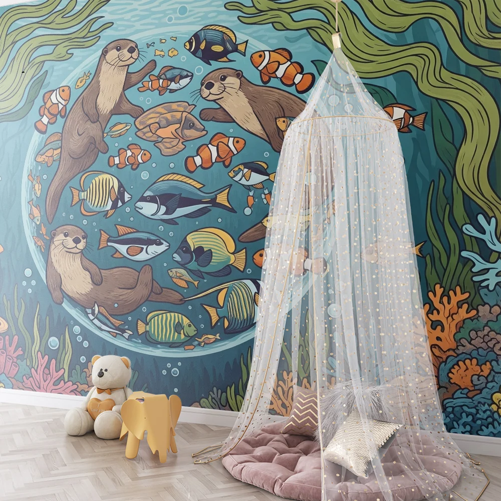 Papel de parede crianç | Lontras felizes e peixes coloridos em um mundo subaquático