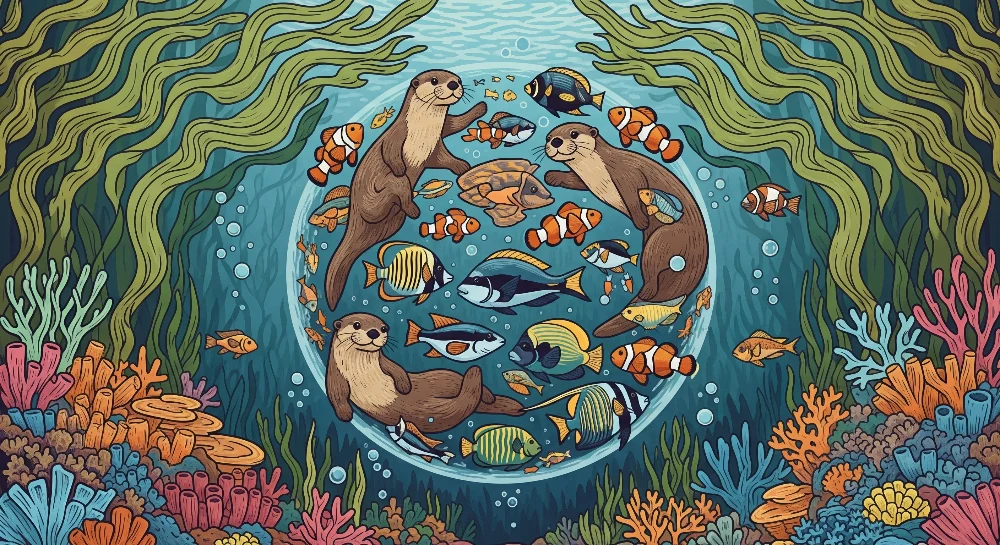 Papel de parede crianç | Lontras felizes e peixes coloridos em um mundo subaquático