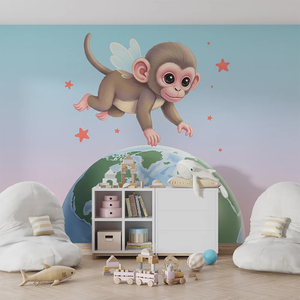 Papel de parede crianç | Macaco alado no globo terrestre com estrelas