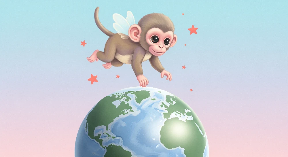Papel de parede crianç | Macaco alado no globo terrestre com estrelas