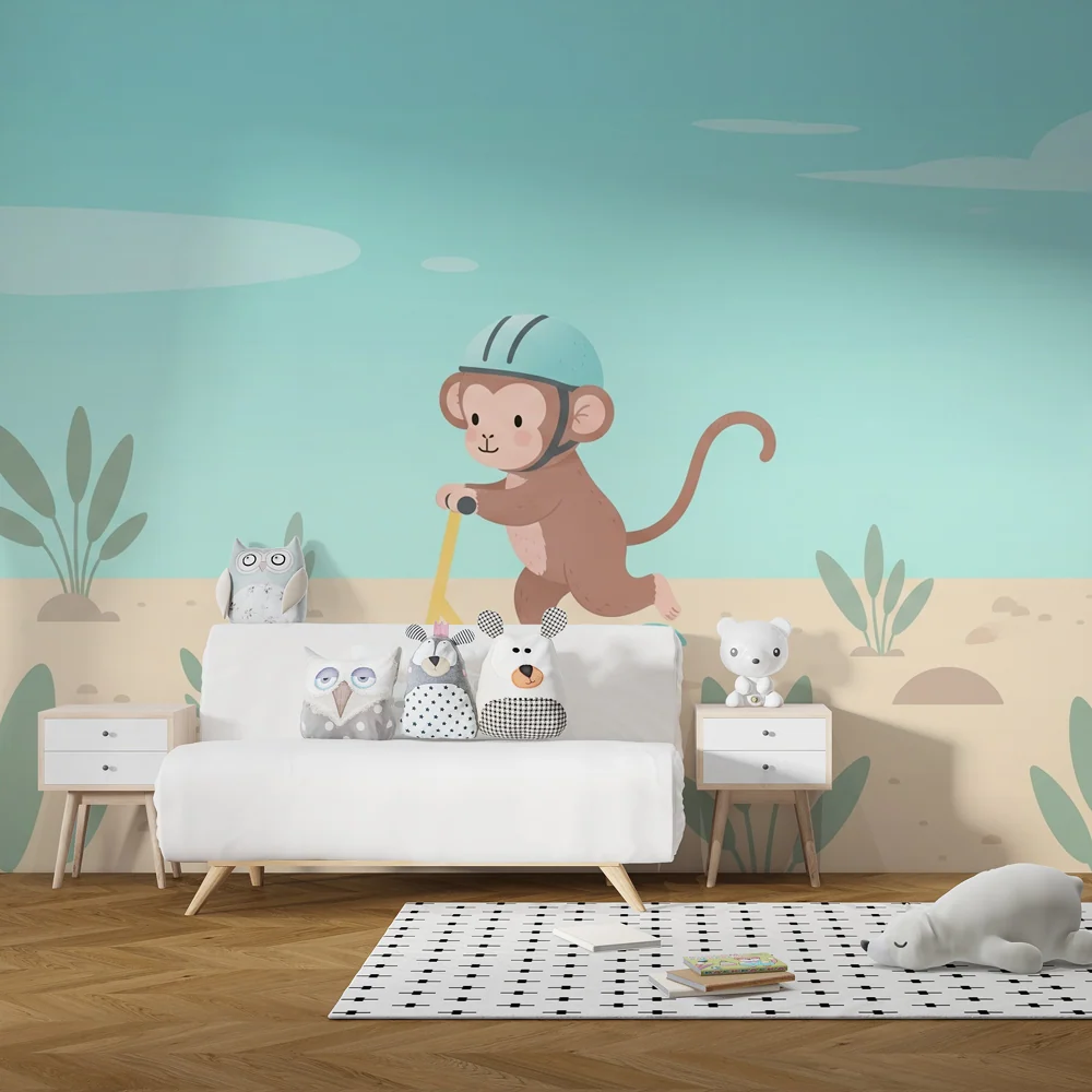 Papel de parede crianç | Macaco aventureiro de trotinete