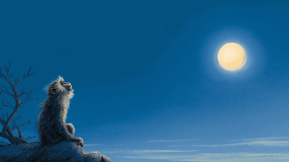 Papel de parede crianç | Macaco contemplativo sob lua em um céu estrelado
