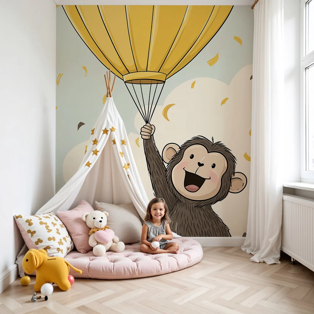Papel de parede crianç | Macaco feliz e céu colorido