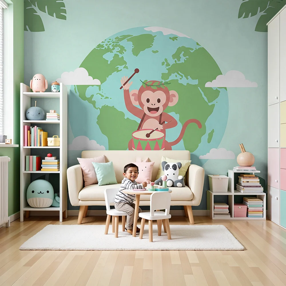 Papel de parede crianç | Macaco feliz com tambor e globo terrestre