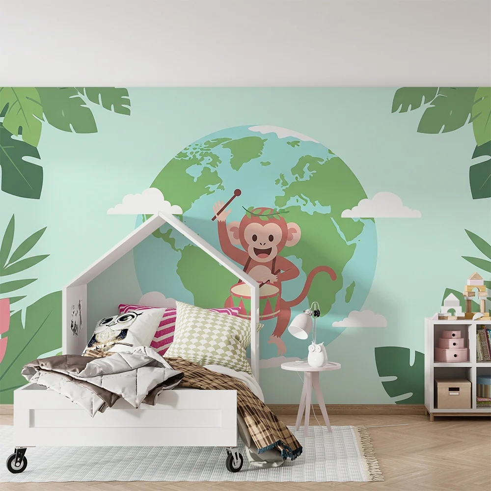 Papel de parede crianç | Macaco feliz com tambor e globo terrestre