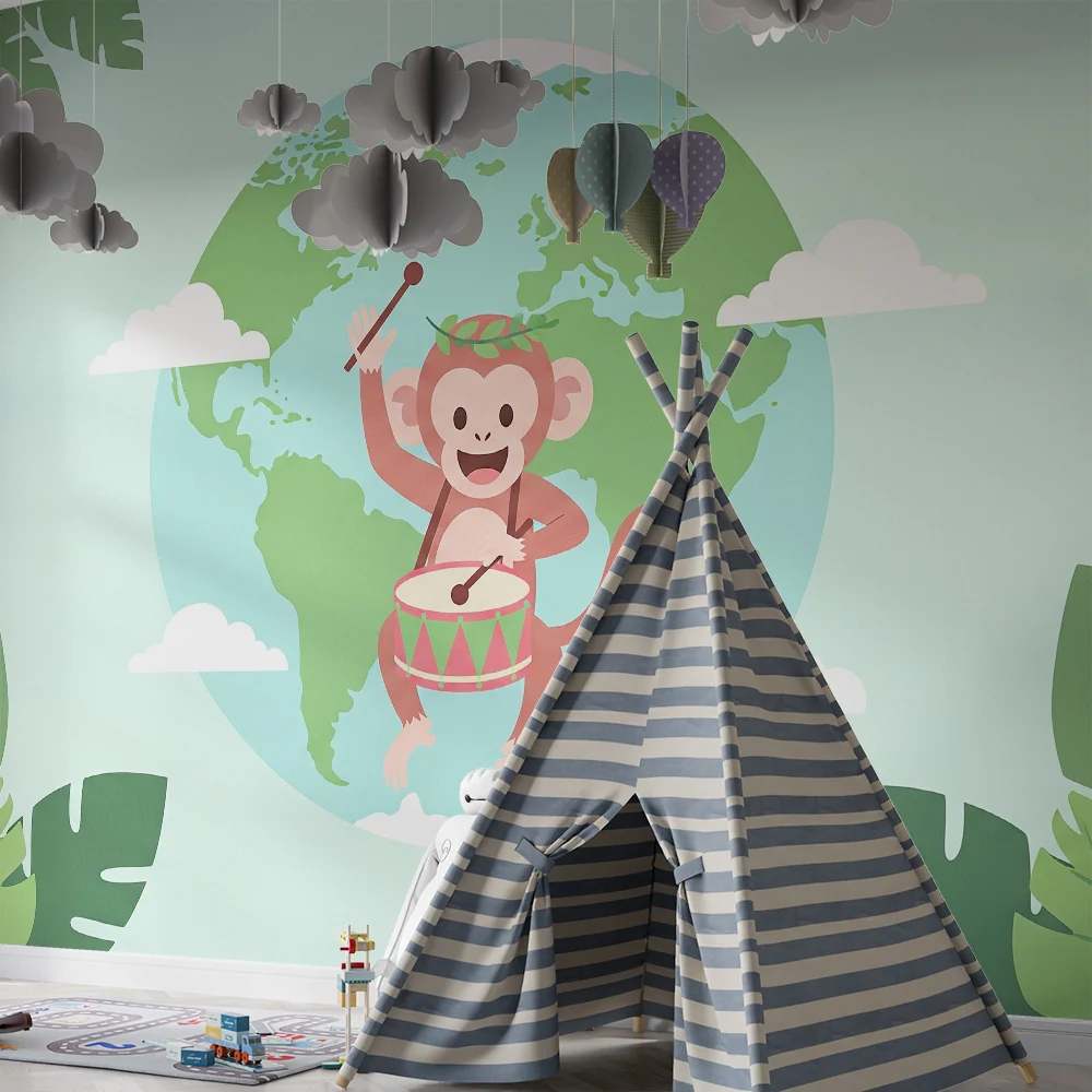 Papel de parede crianç | Macaco feliz com tambor e globo terrestre