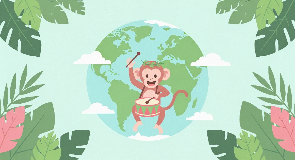 Papel de parede crianç | Macaco feliz com tambor e globo terrestre