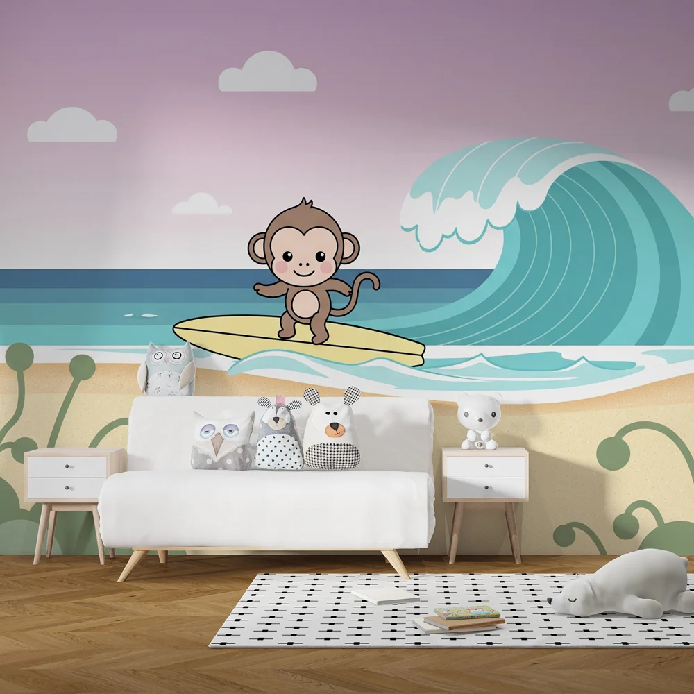 Papel de parede crianç | Macaco na prancha de surf