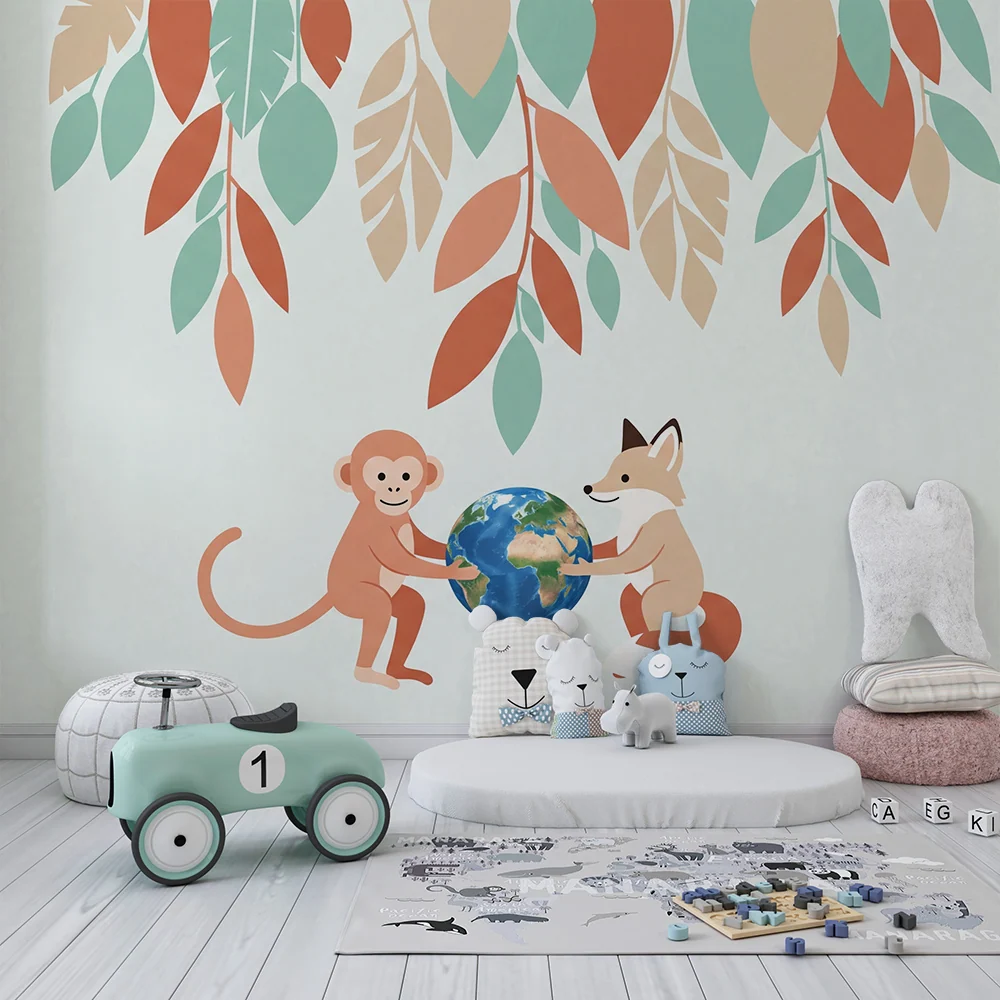 Papel de parede crianç | Macaco e raposa segurando o globo terrestre sob folhas coloridas