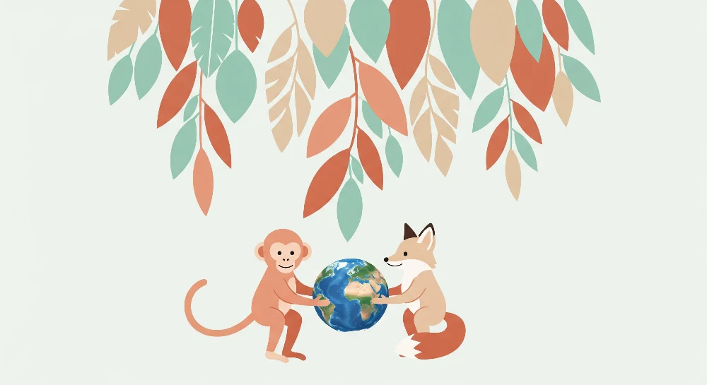 Papel de parede crianç | Macaco e raposa segurando o globo terrestre sob folhas coloridas