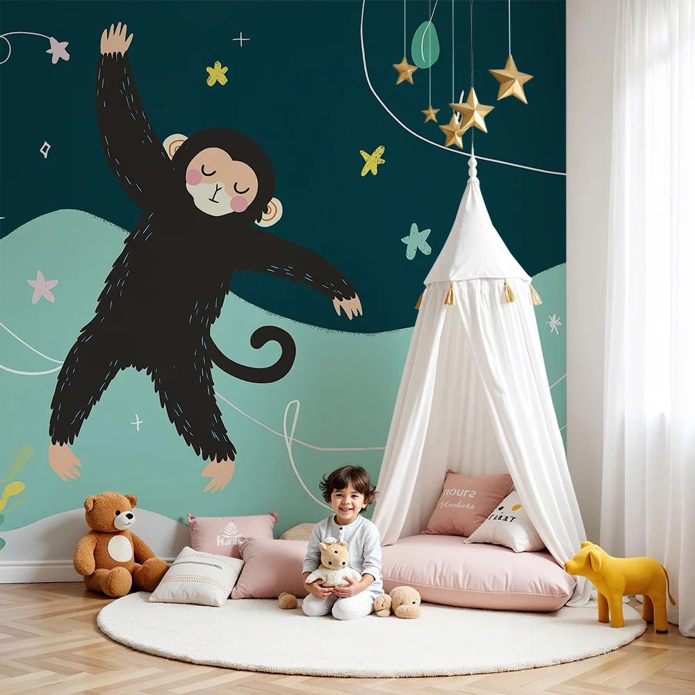 Papel de parede crianç | Macaco travesso em um céu estrelado
