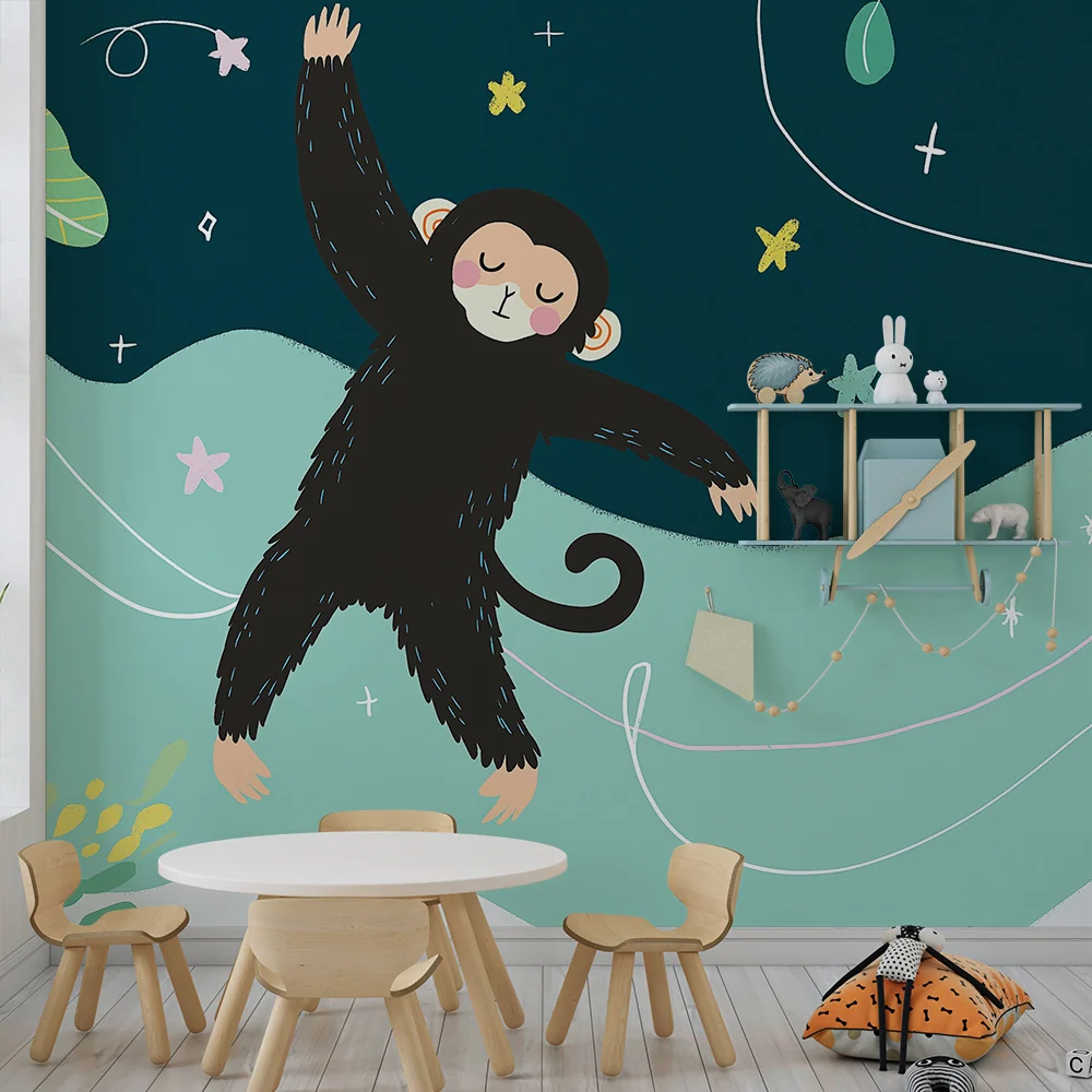 Papel de parede crianç | Macaco travesso em um céu estrelado