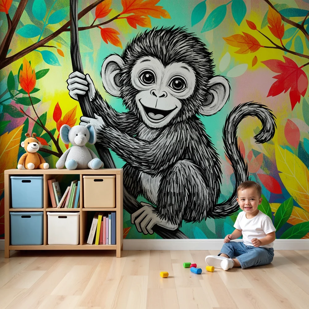 Papel de parede crianç | Macaco travesso na selva colorida