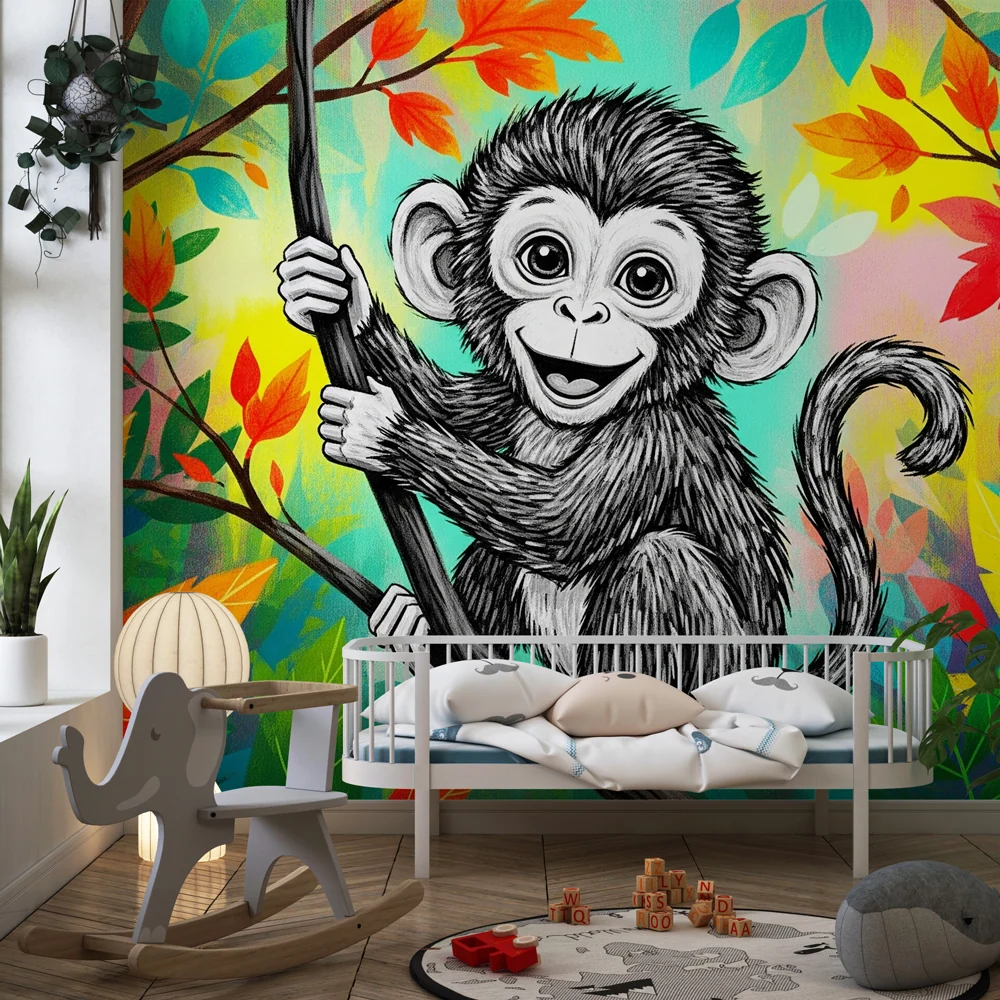 Papel de parede crianç | Macaco travesso na selva colorida