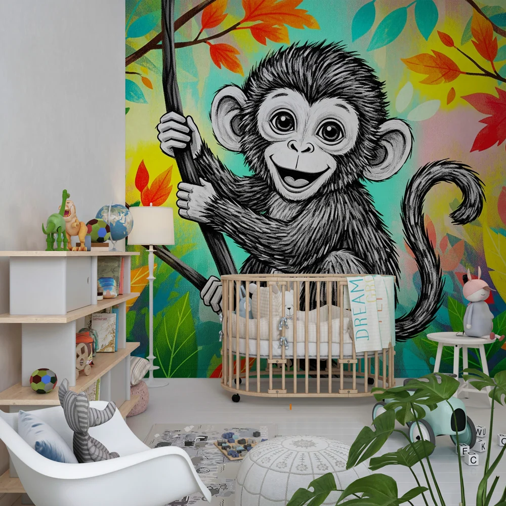 Papel de parede crianç | Macaco travesso na selva colorida