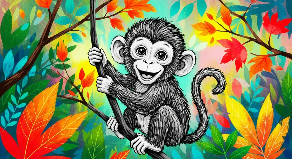Papel de parede crianç | Macaco travesso na selva colorida