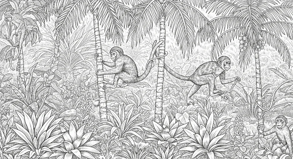 Papel de parede crianç | Macacos travessos numa selva luxuriante