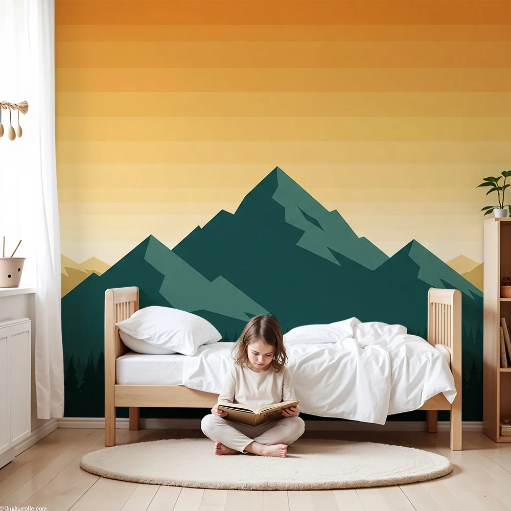 Papel de parede crianç | Majestosas montanhas e floresta verdejante ao pôr do sol