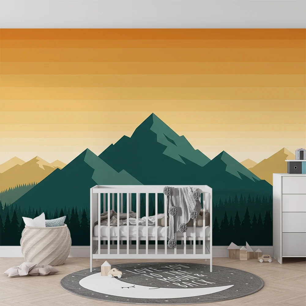 Papel de parede crianç | Majestosas montanhas e floresta verdejante ao pôr do sol